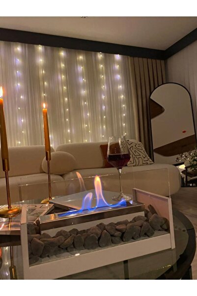 Moor Garden Masa Üstü Şömine Metal Beyaz - Siyah Taşlı Yakıt Hediyeli