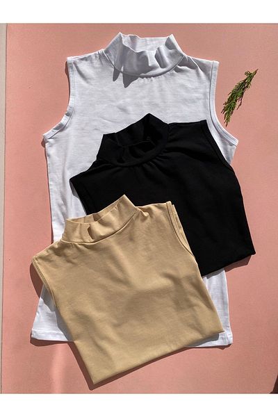 LEYNA BUTİK Turtleneck Cotton Lycra Women's Bodysuit - 3 Pieces, Black and White, Zero Sleeve Undershirt