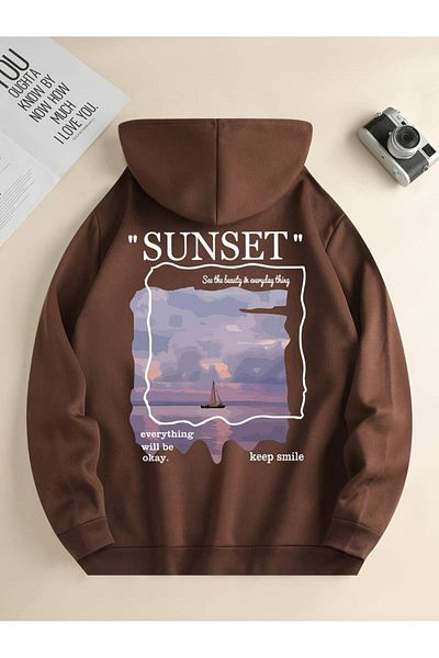 Keywest Χειμερινό φούτερ Unisex Sunset Printed Oversize - 3 κλωστές, 100% βαμβάκι, κουκούλα