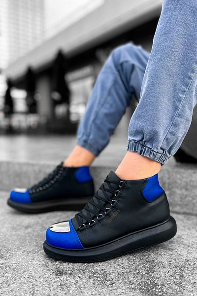 BZ Moda B267 Roman Mirror - Ορθοπεδικά ανδρικά αθλητικά μποτάκια, καθημερινό δέρμα με κορδόνια, μαύρο/μπλε CST