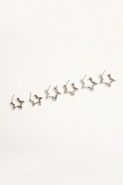 EUROMODA Yıldız Tasarımlı Unısex Gümüş Renkli 3 Boy 3lü Küpe Seti