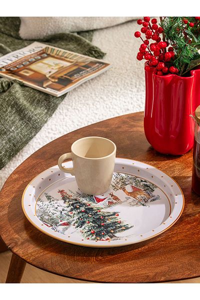 LC Waikiki 25 cm White Round Tray - Christmas Themed