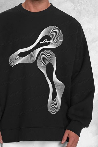 Millionaire Men's Black Limited Printed 0 Crew Neck Oversize Loose Loose Cut Fleece Sweatshirt