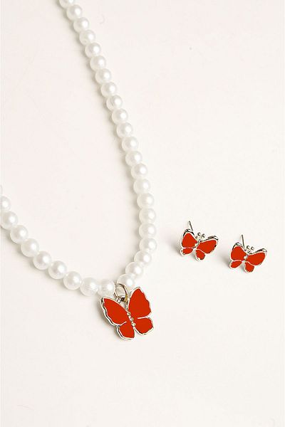 EUROMODA Red White Yellow Turquoise Black Navy Colorful Butterfly Design Necklace and Earring Set