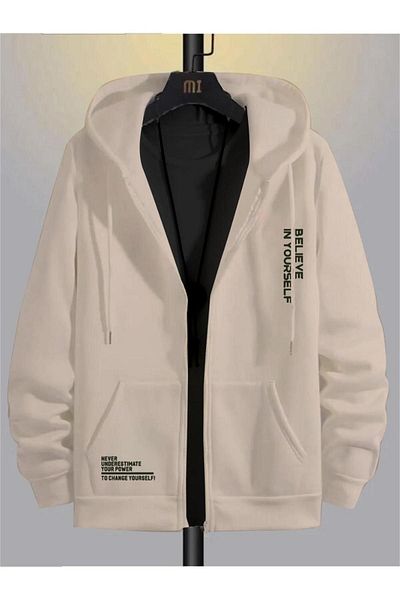 Altamira Beige Believe Printed Men's Oversize Hooded Cardigan