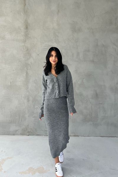 Seda Yalçın Atelier Gray Cardigan and Dress Set - Rose Detailed