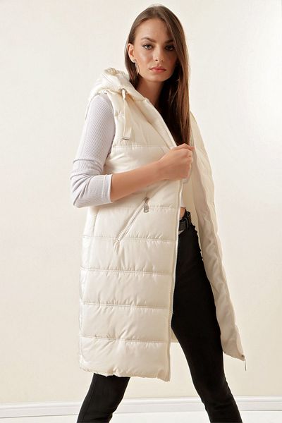 Bigdart 5140 Hooded Long Puffer Vest - Ecru