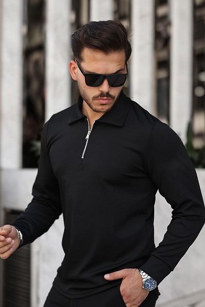 twingold Men's Polo Neck Black Slim Fit Zippered