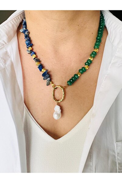 DEVİ fashion Doğal Taş Yeşim Ve Lapis Lazuli Tasarım Kolye