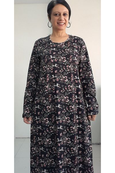 Mertcan Butik Μακρυμάνικο φόρεμα βισκόζης με μαύρο λουλουδάτο στάμπα
