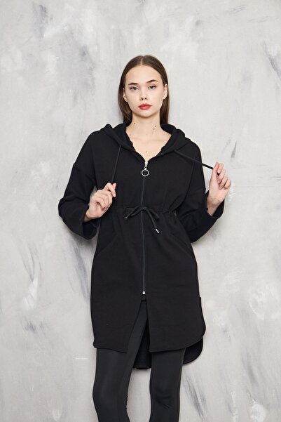 KİM Kİ O Μαύρο Hijab - Καθημερινή χρήση, Μπροστινό φερμουάρ, Τσέπη, Κάτω από το στήθος και κορδόνια με κουκούλα, 3 κλωστές