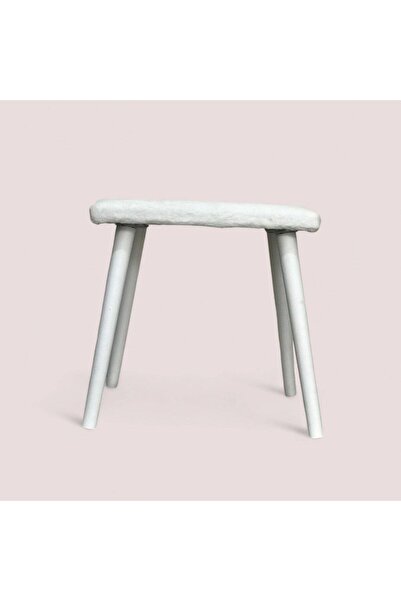 Taşkale Gürgen Ahşap Retro Ayak Dekoratif Beyaz Pelüş Puf Tabure Bench Koltuk Sandalye