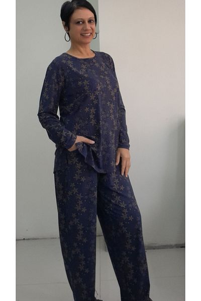 Mertcan Butik Navy Blue Star Patterned Bottom Top Suit Combed Cotton Viscose Pajama Set