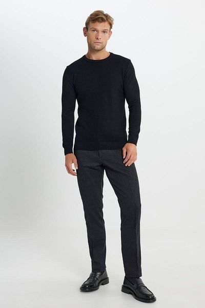 ALTINYILDIZ CLASSICS Pulover negru din tricotaje jacquard cu decolteu - bumbac, potrivire standard