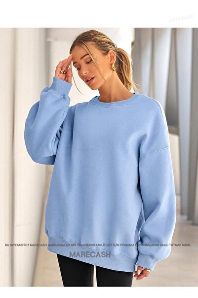 MARECASH Bebe Mavi Oversize Pamuklu Bisiklet Yaka Basic Sweatshirt