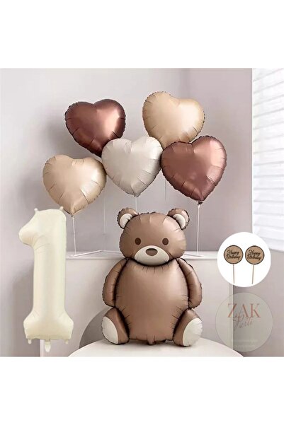 ZEAP Beige Retro Bear Patterned Heart Numeral Foil Balloon Set - for Birthday...