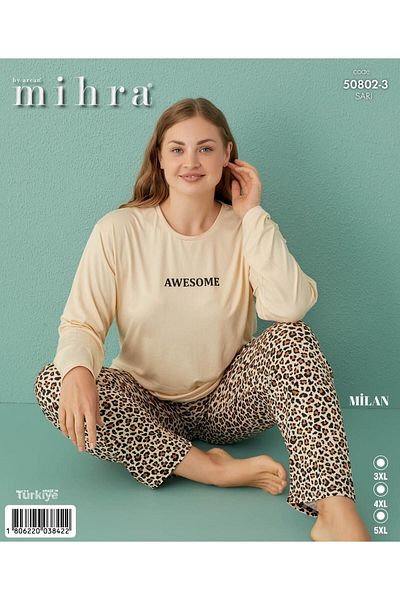 Mihra 50802-3 Beige Leopard Pattern Large Size Milan Pajama Set