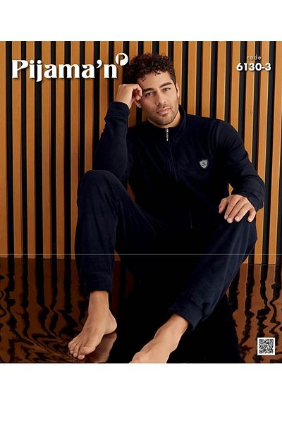 Pijaman Pijamoni Men's Navy Blue Front Zippered Half Turtleneck Fleece Pajamas with Cuffs and Pockets