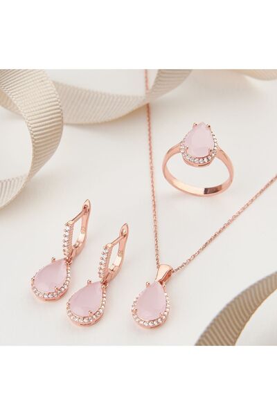 Siset Gümüş 925 Ayar Rose Kaplama Kuvars Taşlı Damla Montür Üçlü Pembe Gümüş Set