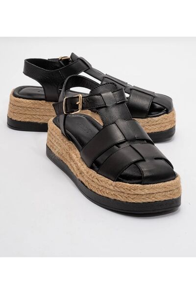 Butik Noble Shoes Hakiki Deri Hasır Taban Kadın Sandalet