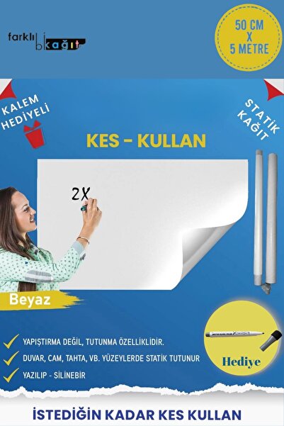 Farklı Bi Kağıt Statik Akıllı Kağıt Tahta  Beyaz 50x500 Cm Kalem Hediyeli