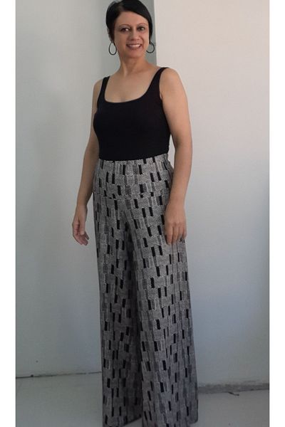 Mertcan Butik Black Cream Patterned Elastic Waist Wide Leg Combed Cotton Viscose Trouser Skirt