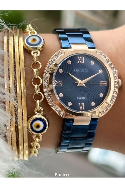 Ferrucci Brand Steel Cord Navy Blue Color Women's Wristwatch+Nazar Beaded Bracelet