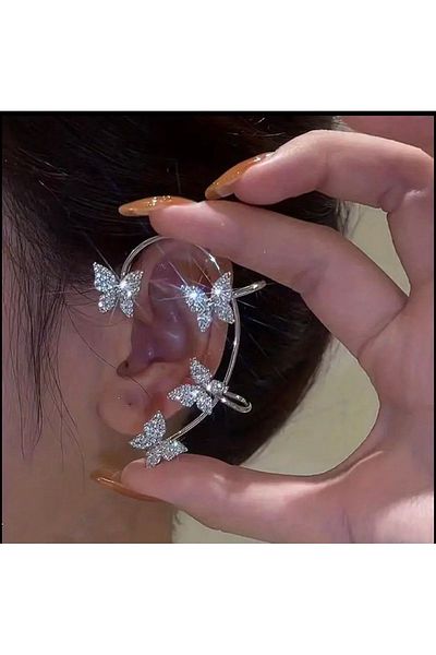 Butikhly Silver Color Steel Butterfly Pattern Non Perforated Earring Cuff