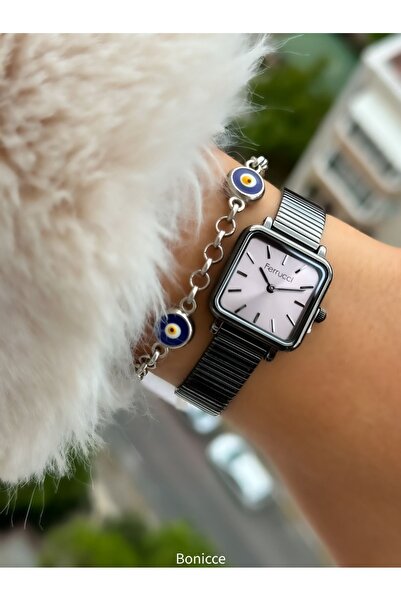 Ferrucci Brand Smoked Color Steel Cord Mini Square Case Women's Wrist Watch+Nazar Beaded Bracelet