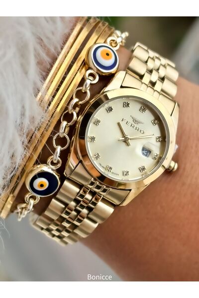 FERRO Brand Steel Cord, Yellow Color, Small Case Women's Wrist Watch + Evil Eye Beaded Bracelet