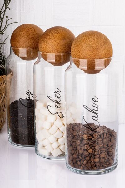 Home 3'lü Top Kapaklı Çay & Şeker & Kahve & Tuz Kavanozu 1300Ml Saklama Kabı (Suya Dayanıklı Etiket)