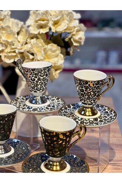 ACAR 6-Piece Talia Leopard Gold Footed Turkish Coffee Cup Set