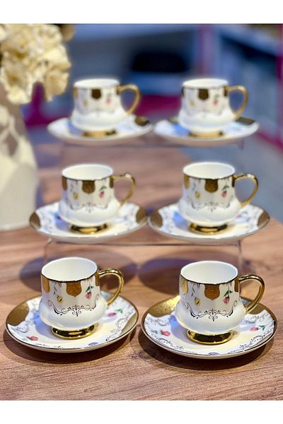ACAR 6-Piece Vintage Floral White Gold Embossed Gilt Turkish Coffee Cup Set
