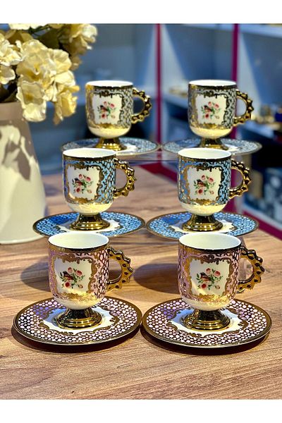 ACAR Set of 6 Turkish Coffee Cups with Asortia Colorful Birds and Flowers Gold Gilt