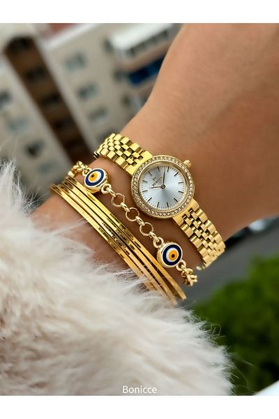 Reward New Model Color Steel Cord Small Mini Case Rhinestoned Women's Wristwatch + Nazar Beaded Bracelet