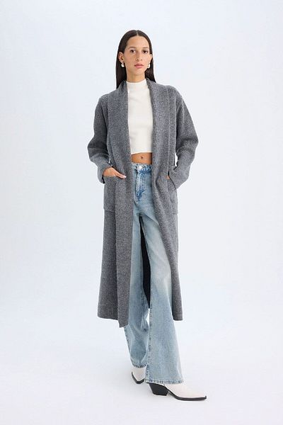 DeFacto Comfortable Cut Shawl Collar Knitwear Cardigan - Plain Belted, Long A2081Ax24Wn