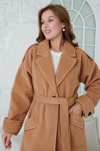 WOMAN VISION Γυναικείο παλτό Camel Midi-Length - Διπλό γιακά, Ζώνη, Μακρυμάνικο, Ανοιχτό ώμο, Φόδρα 9002