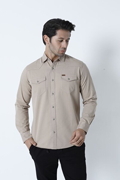 Cordial Ανδρικό βαμβακερό πουκάμισο με κανονική εφαρμογή μπεζ φθινοπωρινό/χειμώνα με διπλή τσέπη