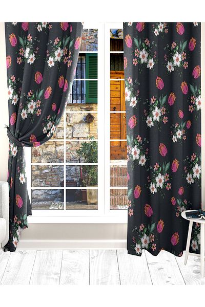 Ardizayn Flower Detailed, Velvet, Digital Printed, Bedroom, Kitchen, Living Room Two Wing Background Curtain