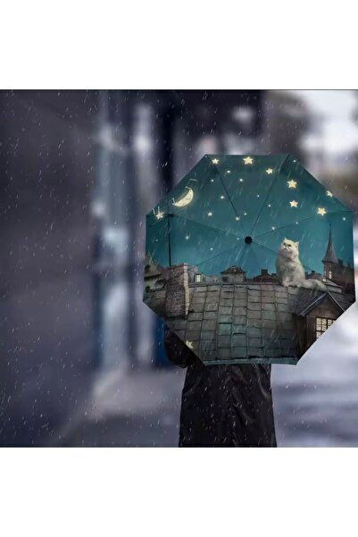 The Lavinia Kedi Baskılı Gece Yarasa Model Manuel Şemsiye