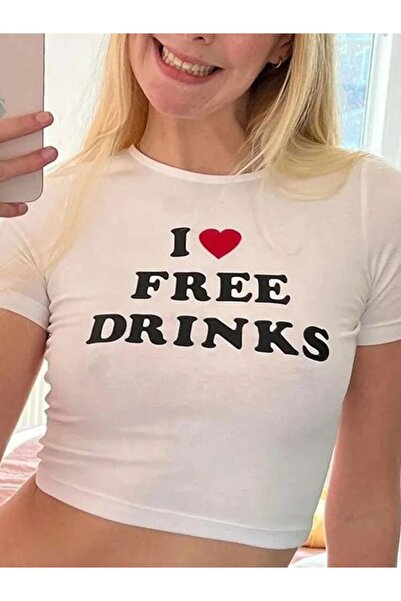 MEAGİYİM Y2k I Love Free Drinks Crop Baby Tee