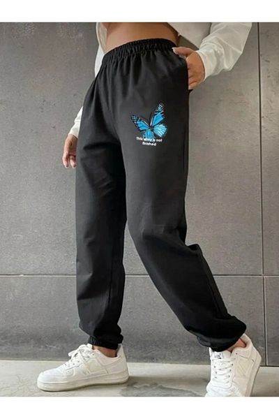 DEZZİİ Μαύρο μπλε Jogger Sweatpants με στάμπα πεταλούδας