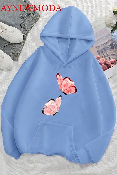 aynewmoda Син оувърсайз суитшърт с качулка - 2 розови принта с пеперуди отпред