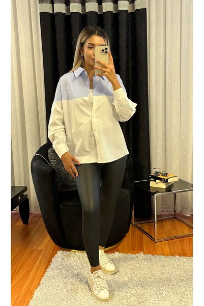 SHINE STYLE قميص بتصميم مخطط باللونين الأزرق والأبيض