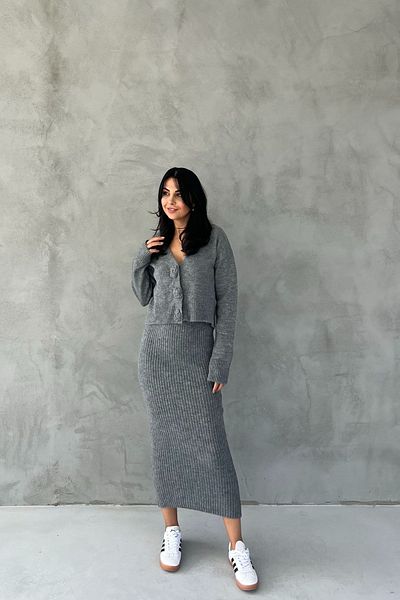 Seda Yalçın Atelier Gray Cardigan and Dress Set - Rose Detailed