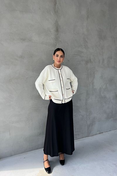 Seda Yalçın Atelier Ecru and Black Striped - Glitter Cardigan with Pockets
