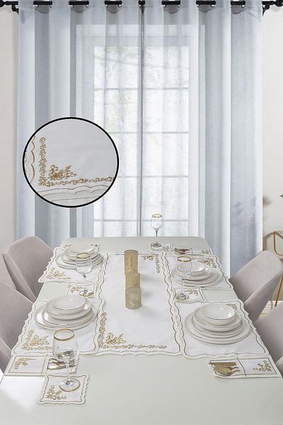 Bonny Home Set de cină pentru 8 persoane, 25 de piese, lenjerie brodata, in, cremă, auriu