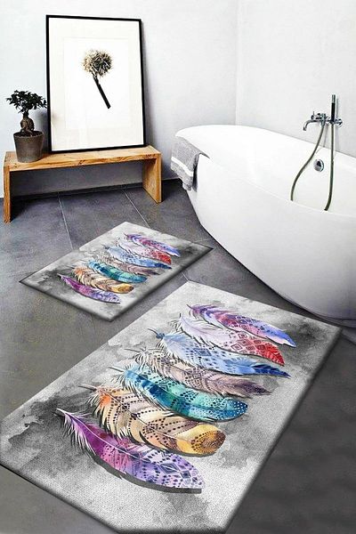 G&C HOME Covoraș de baie cu model etnic cu pene absorbantă de apă - imprimat digital, set de două (40/60cm -60x100cm)