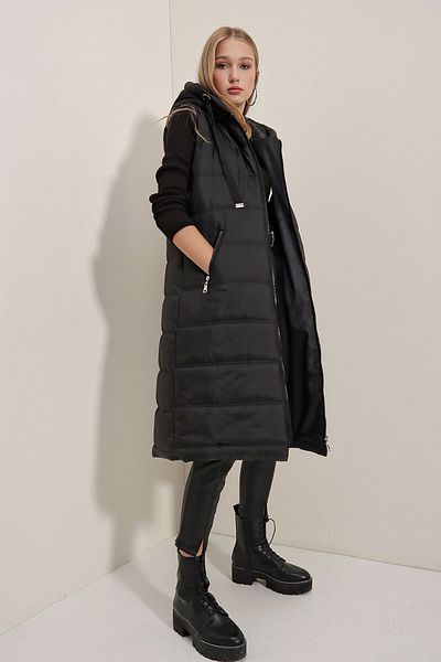 Bigdart 5140 Lange Pufferweste mit Kapuze – Schwarz