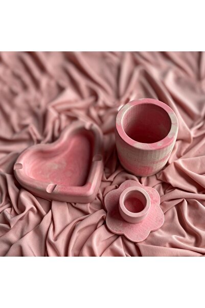 Handmade Pembe Mermer Desenli Beton 3’lü Set - Küllük & Kalemlik & Şamdan